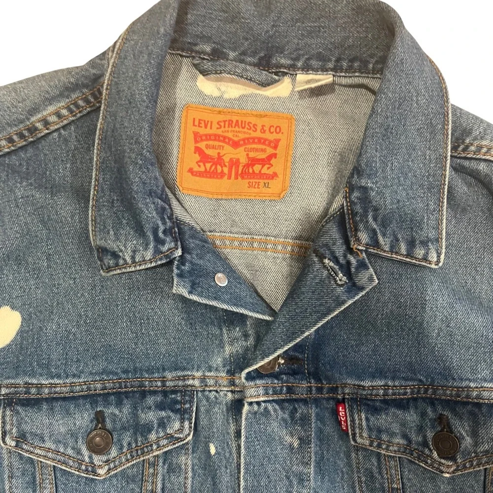 Levi's Strauss Mens Custom Bleached Splatter Denim Trucker Jacket Blue XL